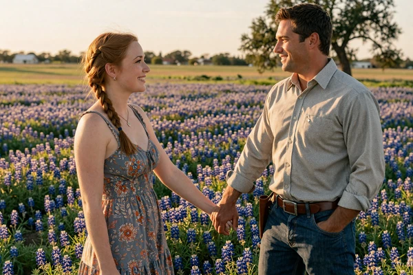Emily and Travis, a cattle rancher couple from Texas, holding hands in a wildflower field