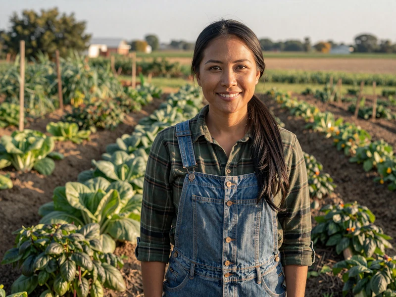Asian-American farmer tending a lush vegetable garden with bok choy and herbs in rural Wisconsin