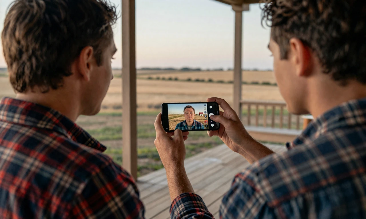 Farmer video chatting on a smartphone from a Nebraska farmhouse porch with open fields in the background