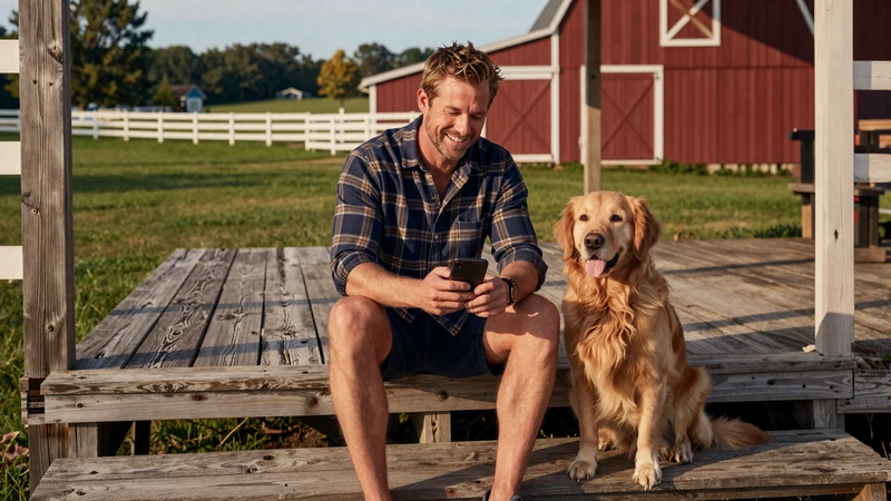 Farmer sitting on porch steps with dog while creating a dating profile on his smartphone with green pastures behind him