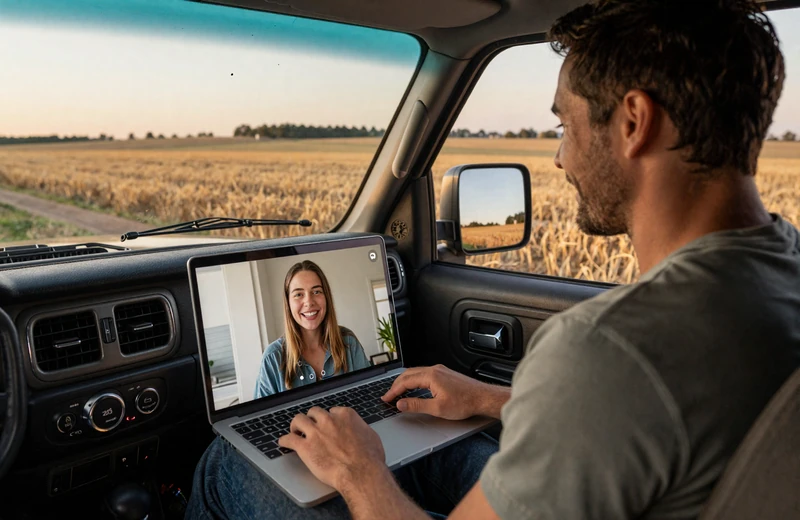 Farmer video chatting with a partner from the cab of a farm truck at sunset showing long-distance rural dating