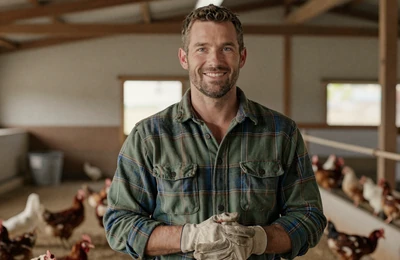 Travis, 41, West Virginia poultry farmer from Moorefield smiling inside his broiler barn on Yougotmatched
