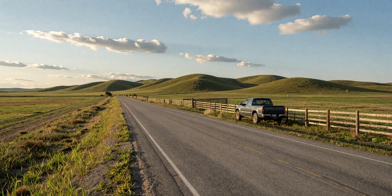 Empty country road through green farmland with single pickup truck showing the isolation of rural dating