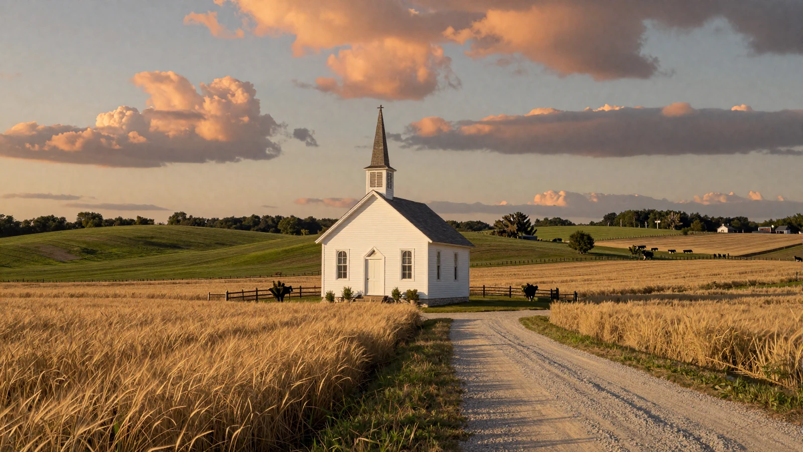 White country church beside golden wheat fields at sunset in rural American heartland
