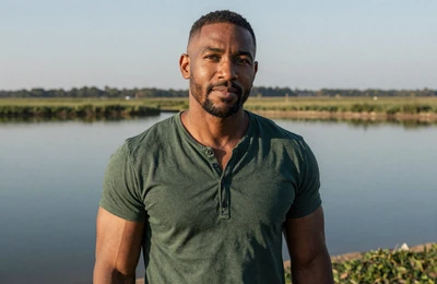 Marcus, 41, Arkansas catfish farmer from Lonoke County standing by his aquaculture ponds on Yougotmatched