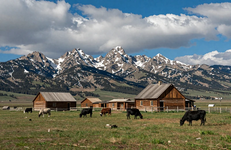 Montana ranch with cattle grazing beneath snow-capped Rocky Mountains in Big Sky Country