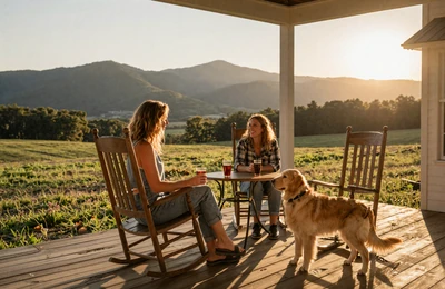 Farmer couple on a North Carolina farmhouse porch at sunset with rocking chairs, sweet tea, and Blue Ridge Mountains in the distance