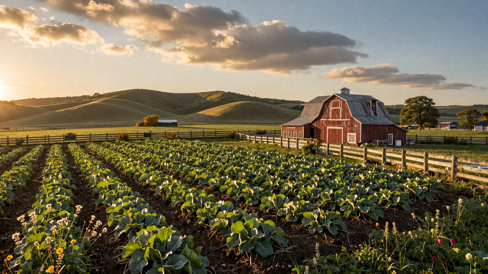 Organic farm at sunrise in the northeastern United States with vegetable rows and a red barn under golden morning light