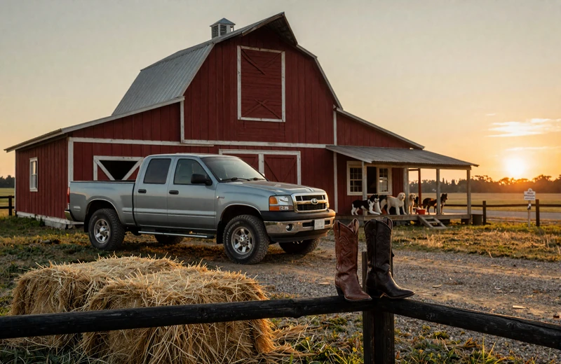Country lifestyle scene with pickup truck and red barn at sunset in rural America