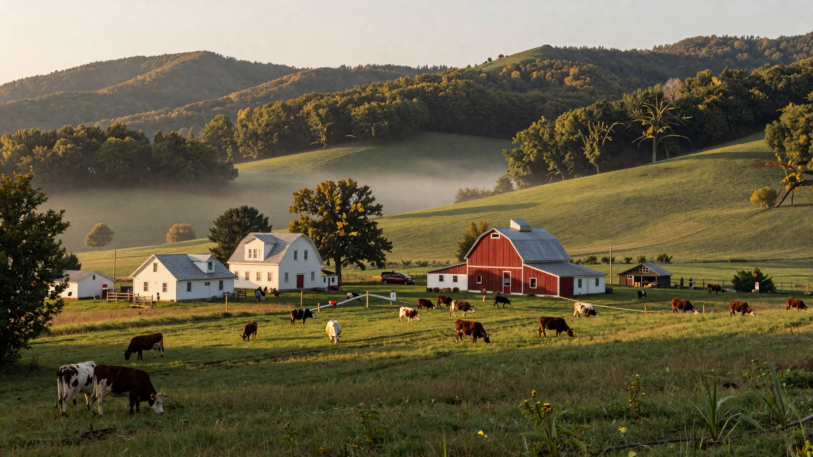 West Virginia Appalachian mountain farm valley with green pastures, a rustic farmhouse and red barn surrounded by forested ridges at golden hour