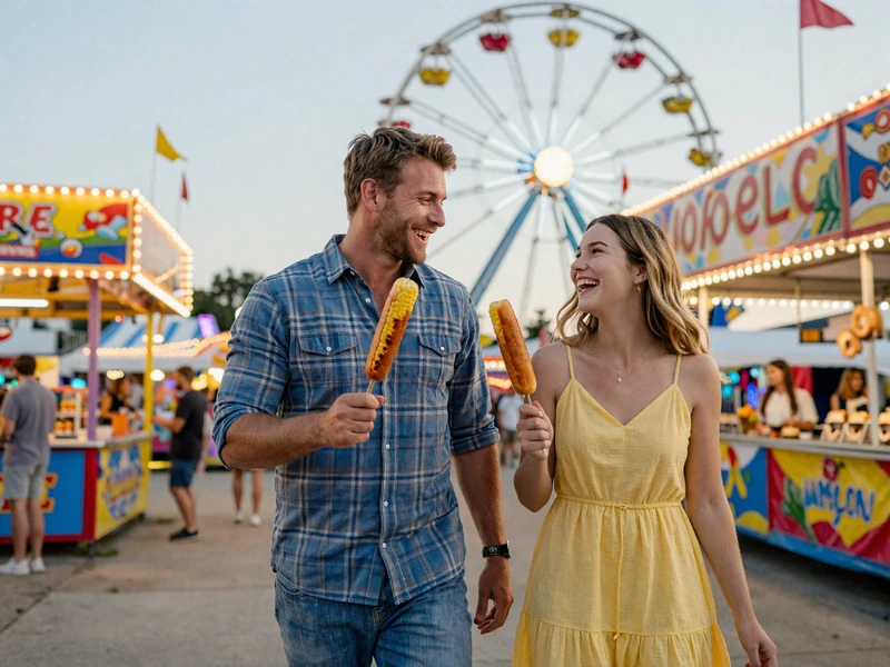 Happy couple enjoying an Indiana county fair together on a warm summer evening in the Hoosier State