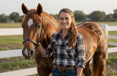Sarah, 34, Tennessee horse farm owner from Shelbyville smiling beside a chestnut Walking Horse on Yougotmatched