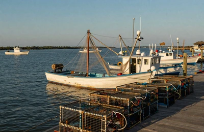 Vietnamese-American shrimp fishing boat docked at a Gulf Coast harbor in Texas at golden hour