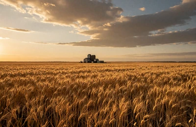 Kansas wheat field stretching to the horizon with grain elevator silhouette at sunset