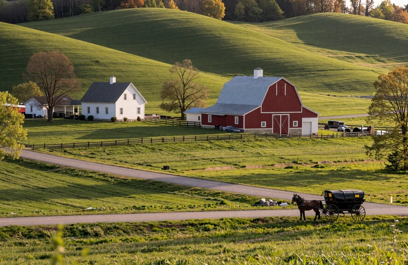 Ohio Amish country with rolling green hills and white farmhouse in Buckeye State