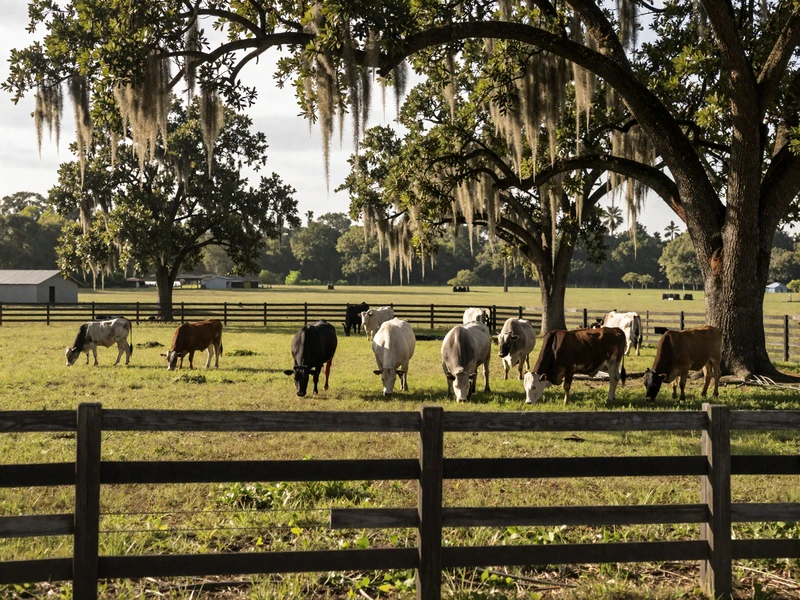 Florida cattle ranch with green pastures and live oak trees draped in Spanish moss with Brahman cattle grazing in warm afternoon light