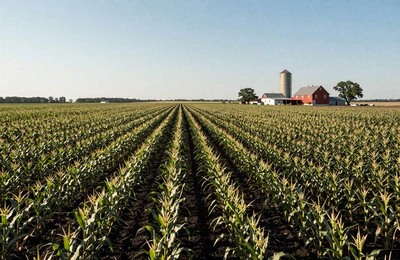 Iowa cornfields with grain elevator and classic farmhouse in the Midwest heartland