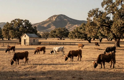 Texas Hill Country cattle ranch with stone chapel and longhorn cattle grazing