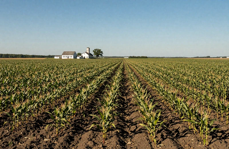 Iowa cornfields stretching to the horizon with classic white farmhouse in Corn Belt country