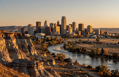 Billings Montana skyline with Rimrocks cliffs and Yellowstone River surrounded by ranch land at golden hour