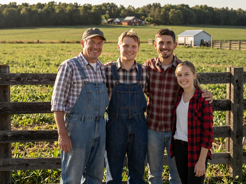 Multigenerational European-American farming family posing together near their Midwest farm fence at golden hour