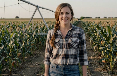 Hannah, 30, Nebraska corn and soybean farmer smiling in a green cornfield near a center-pivot on Yougotmatched