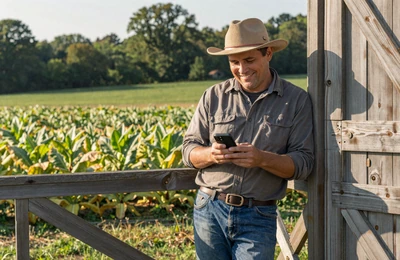 Farmer smiling at his phone while leaning against a tobacco barn door in warm afternoon light on a North Carolina farm