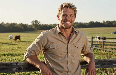 Clay, 39, Alabama cattle rancher from the Tennessee Valley leaning on a fence in green pasture on Yougotmatched