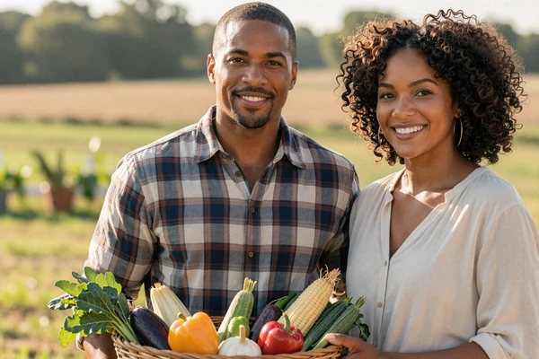 Daniel and Grace, a Black farmer couple from North Carolina, with harvest basket on their farm