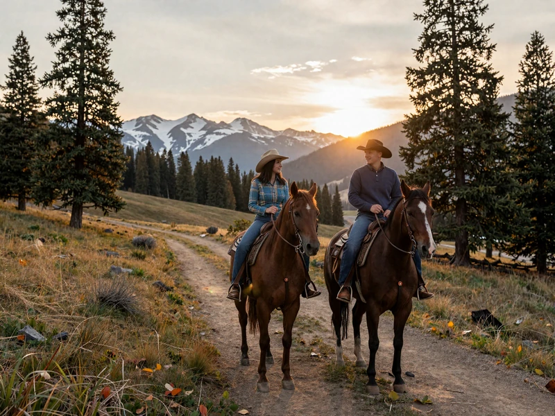 Couple on horseback riding a Montana mountain trail at sunset with snow-capped peaks and pine trees in warm golden light
