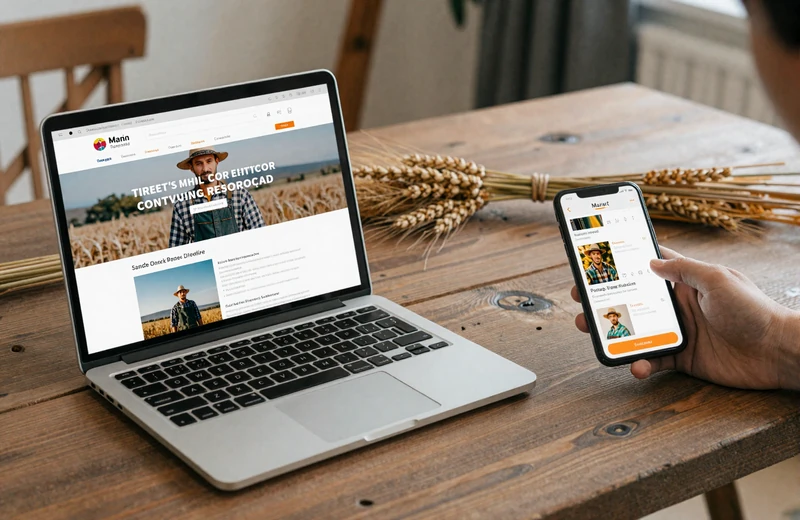 Comparison between a niche farmer dating website and a generic swiping app on devices on a farmhouse table