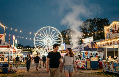Couple walking through a Missouri county fair at twilight with string lights and a ferris wheel in the background