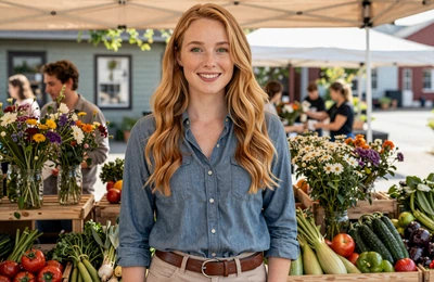 Shelby a 31-year-old Tennessee farmer at her local farmers market booth with fresh vegetables