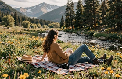 Couple enjoying a picnic beside a Montana mountain stream with wildflowers and pine trees in warm afternoon light