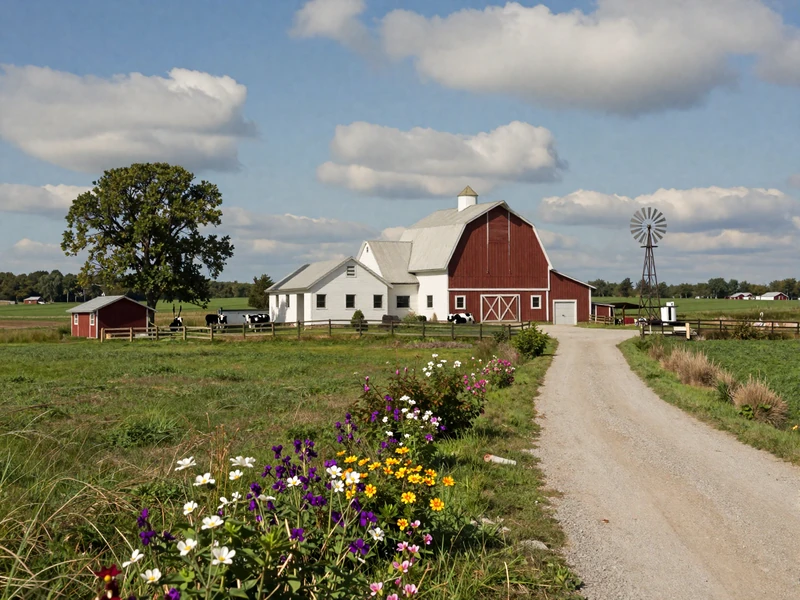 Minnesota dairy farm with white farmhouse and red barn surrounded by green pastures and wildflowers under blue Midwestern sky
