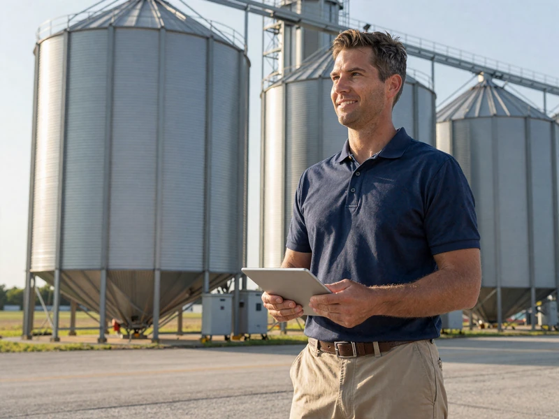 Industrial farm manager reviewing precision agriculture data on a tablet in front of modern grain storage silos