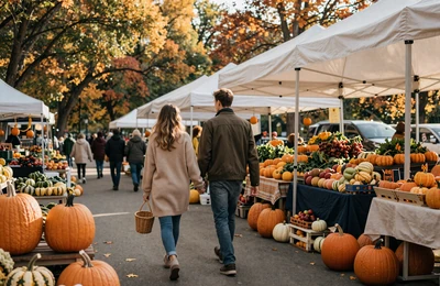 Couple walking hand in hand through a New England farmers market in autumn with pumpkins and fall foliage