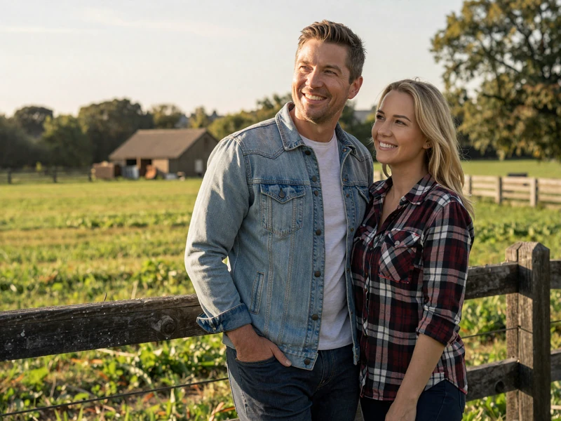 Happy farm couple standing together by wooden fence overlooking green pasture at golden hour