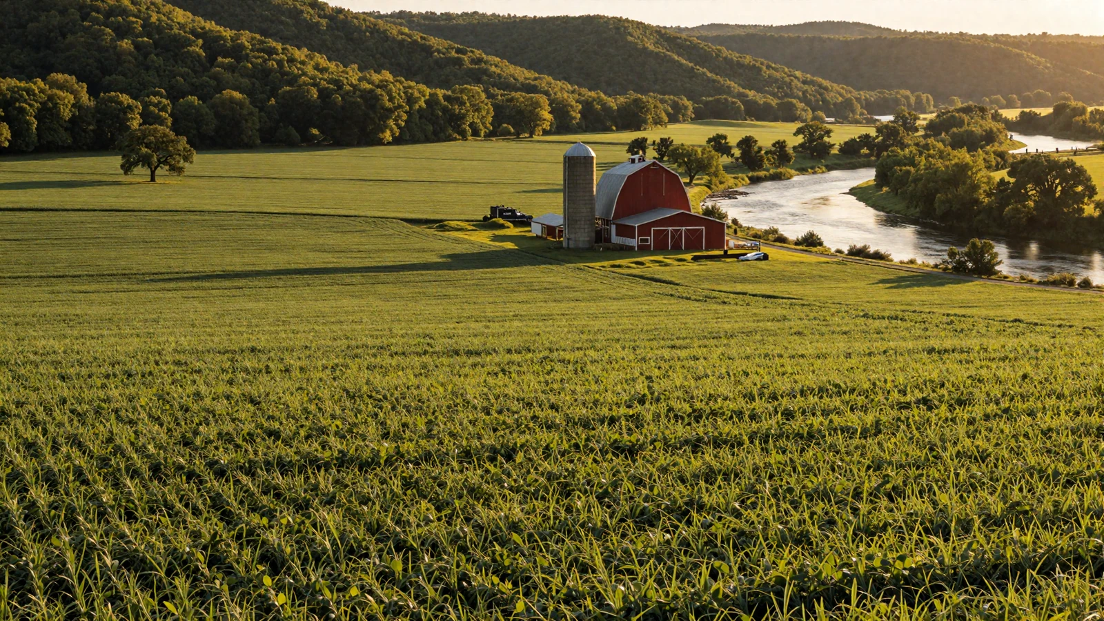 Missouri farmland at golden hour with green soybean fields stretching to Ozark hills, a red barn and grain silos beside a winding river valley