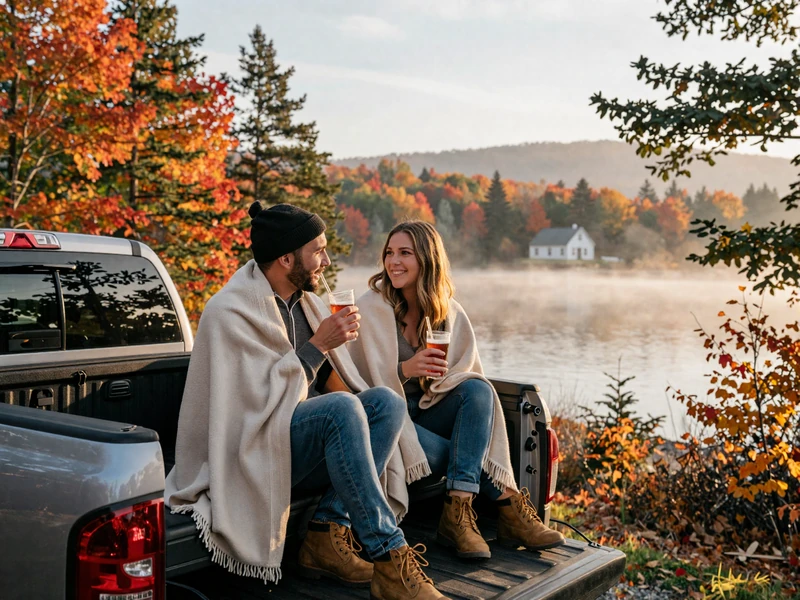 Happy couple sitting on a pickup truck tailgate with hot cider overlooking a misty Maine lake surrounded by autumn foliage and pine trees