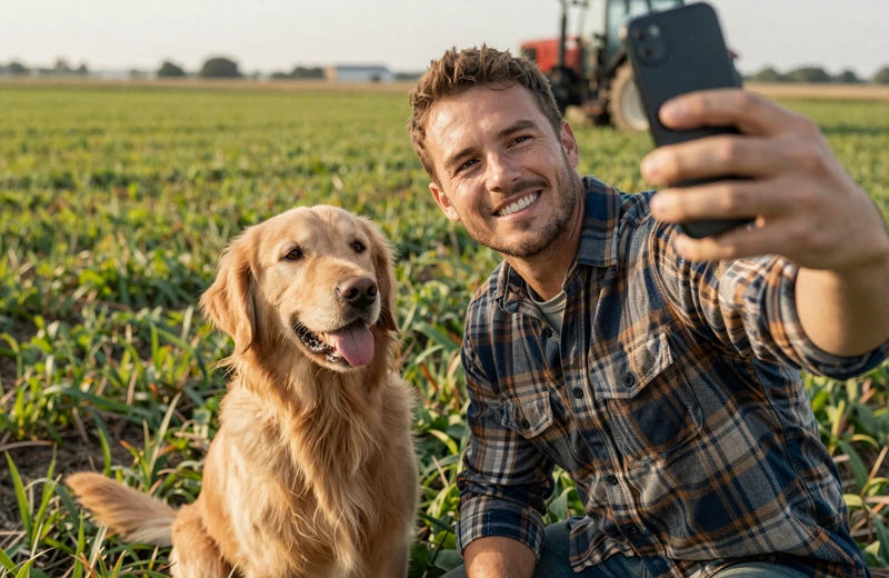 Farmer creating dating profile photo with dog on farmland for online dating