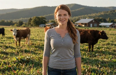 Sarah, 34, Missouri cattle rancher from the Ozarks smiling in her green pasture on Yougotmatched