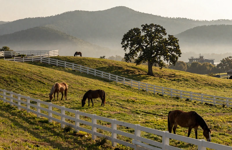 Tennessee horse farm with white fence and Smoky Mountains backdrop in the Volunteer State