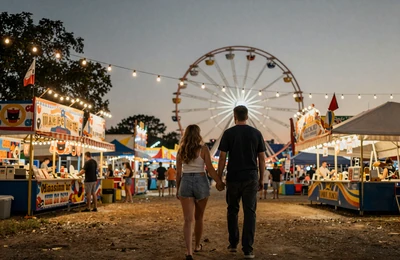 Couple walking through a Southern county fair at twilight with string lights and a ferris wheel in the background