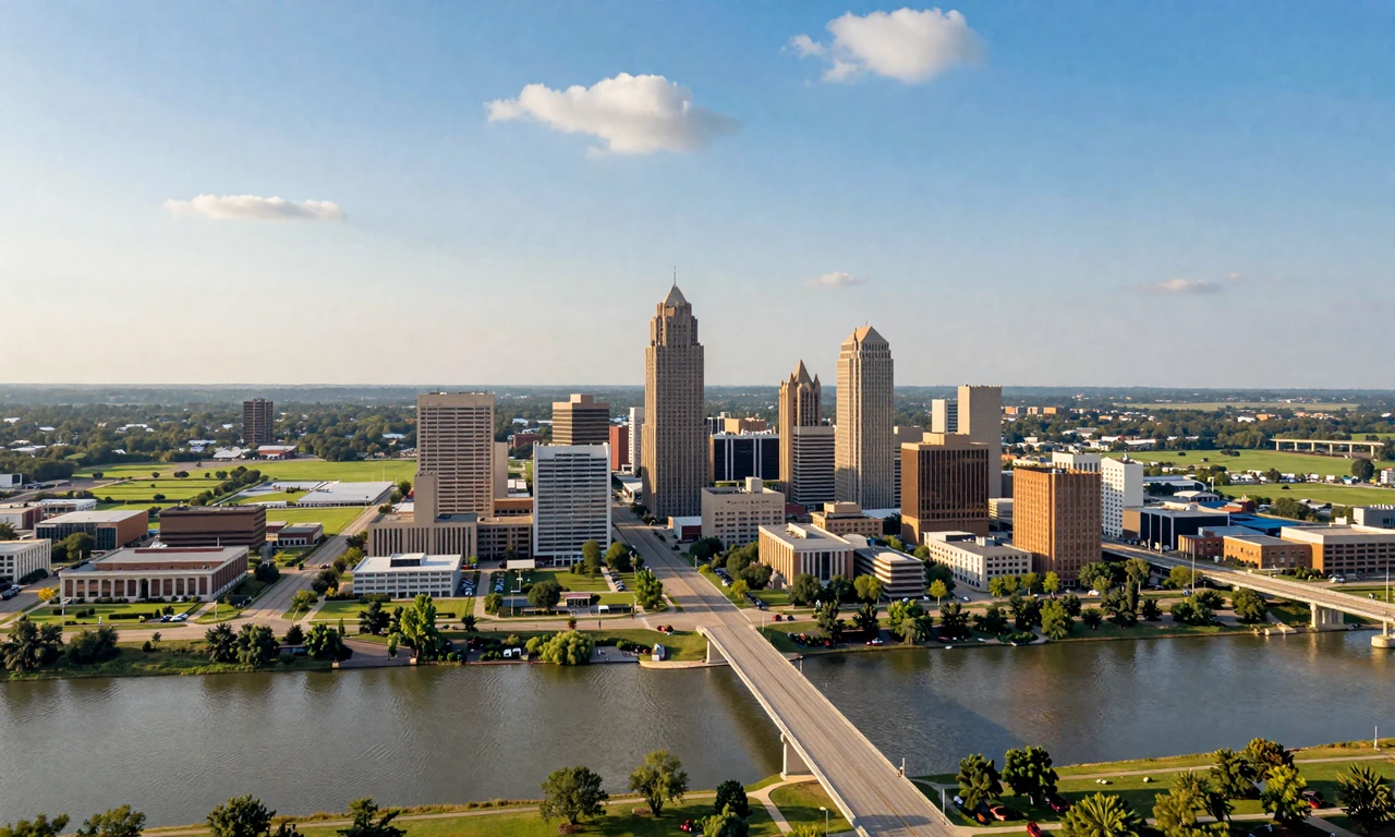 Little Rock Arkansas skyline with the Arkansas River and surrounding farmland visible on the outskirts