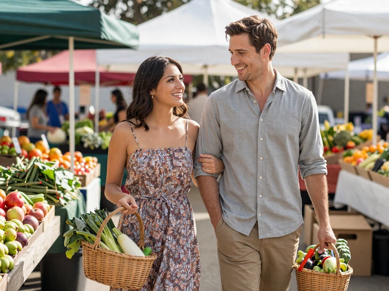Happy couple enjoying a California farmers market together surrounded by fresh produce and sunshine