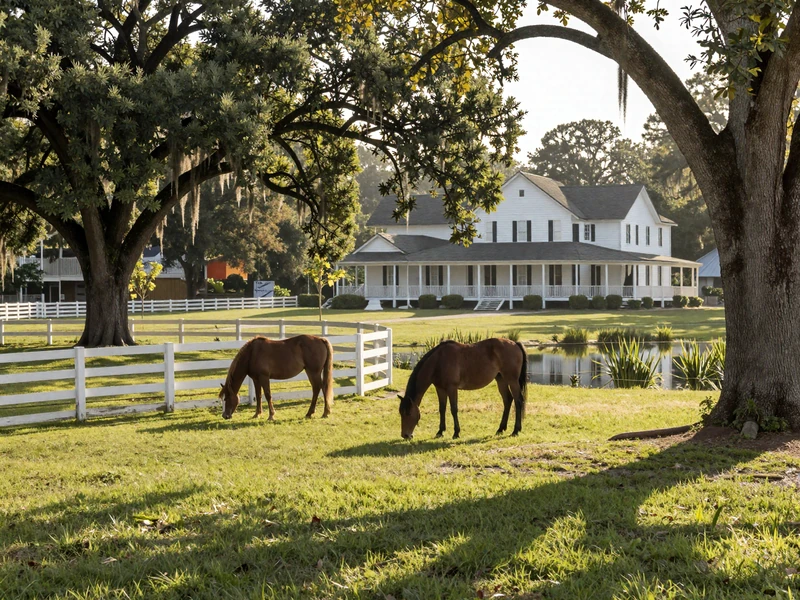 Scenic Alabama countryside with green pastures and white fences, horses grazing by a pond with a white farmhouse and pecan trees
