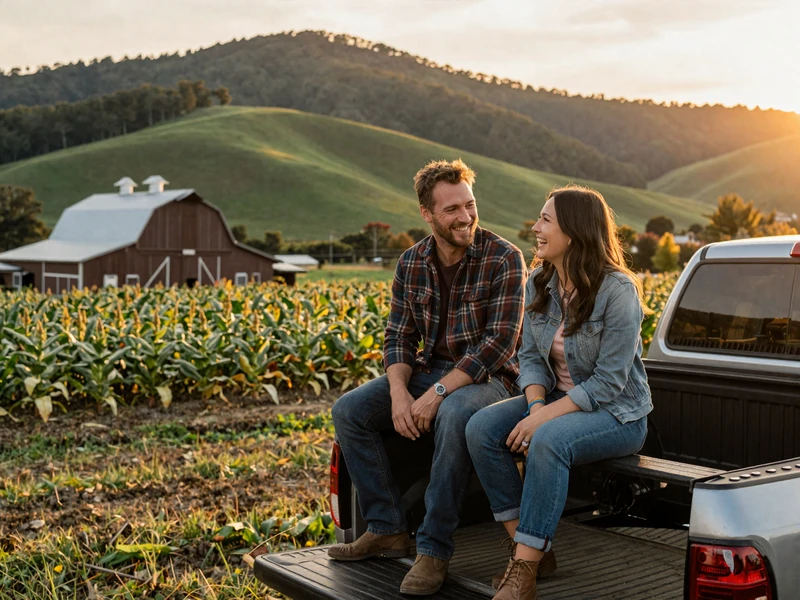 Happy couple sitting on a pickup truck tailgate watching sunset over a North Carolina Piedmont farm with tobacco barns and rolling hills