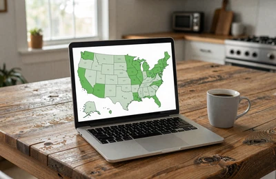 Laptop on a farmhouse kitchen table showing a state-by-state farmer dating search map