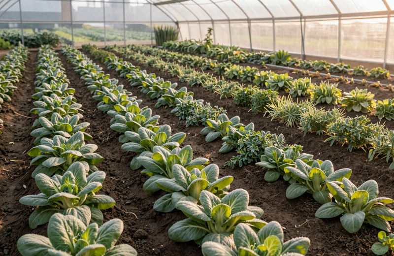 Asian American vegetable farm in California with diverse crops and greenhouse